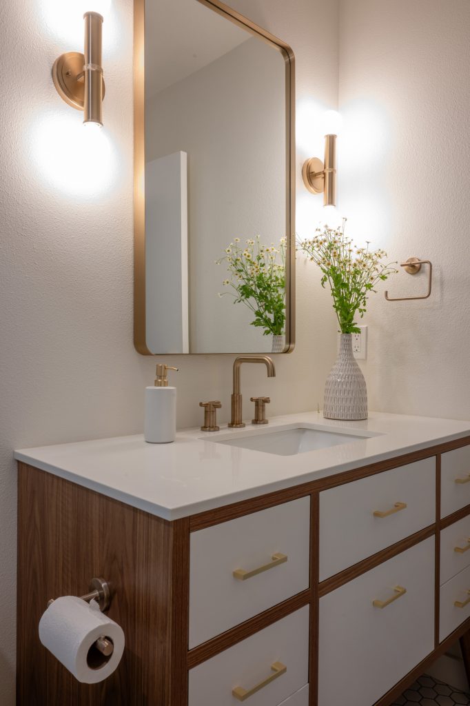 Angled view of the hall bathroom vanity