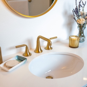 Primary bathroom sink and brass faucet