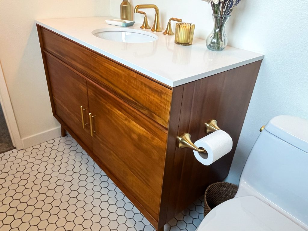 Angled view of the primary bathroom vanity