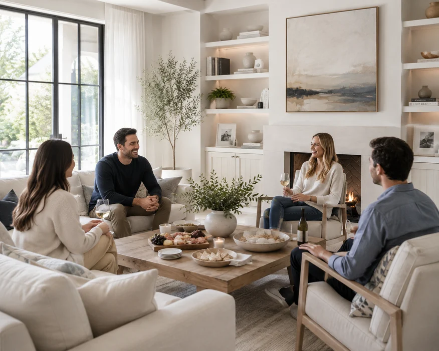 Friends gathered in a warm, personalized San Diego living room