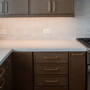 Warm brown shaker cabinets with brass bar pulls, quartz counter, and under-cabinet lighting
