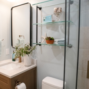 Vanity, towel ring, and styled glass shelves seen past the edge of the sliding shower door