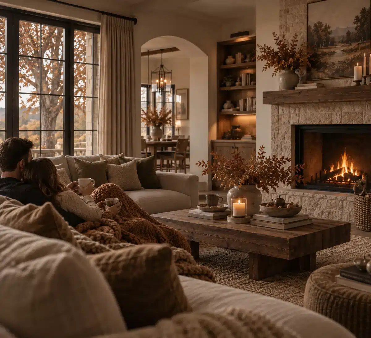 Warm living room with natural wood, stone fireplace, and layered textures