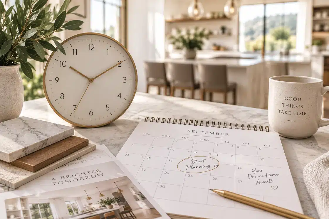 Calendar, clock, and remodel planning notes on a kitchen counter