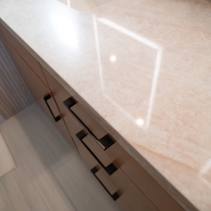 Royal Taj Mahal quartz vanity top with an undermount sink